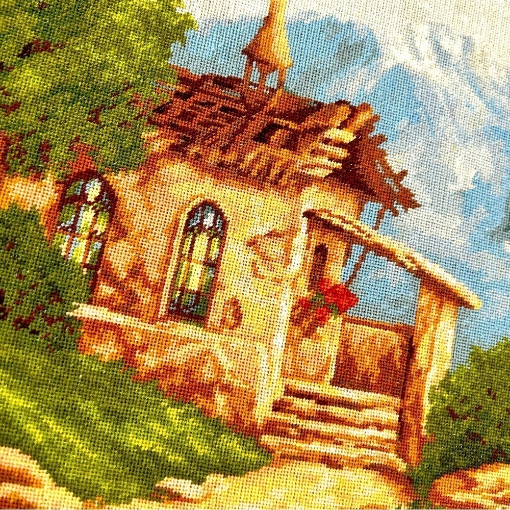 Cottage on the mountain handmade needle point framed hanging wall art